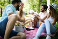 Happy friends in the park having picnic on a sunny day. Royalty Free Stock Photo