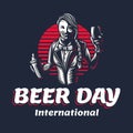 Happy young girl bartender with a shaker to International Beer Day. Vector illustration of woman barkeeper or barman character