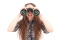 Happy young girl with binoculars and dollars sign