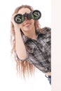 Happy young girl with binoculars and dollars sign