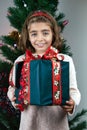 Happy young girl holding christmas present box in front a Christ Royalty Free Stock Photo