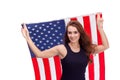 Happy young girl holding USA flag isolated on white background Royalty Free Stock Photo