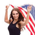 Happy young girl holding USA flag on white background Royalty Free Stock Photo
