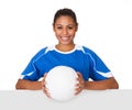 Happy young girl holding volleyball and placard Royalty Free Stock Photo