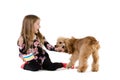 Happy young girl laughing as she plays with a dog Royalty Free Stock Photo