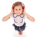 Happy young girl listening to music, view from above