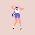Happy young girl with long hair dance to the music while listening to it with earphones. Feminine cartoon character Royalty Free Stock Photo