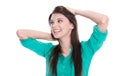 Happy young girl looking at the side in green blouse isolated on Royalty Free Stock Photo