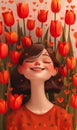 Happy young girl in red tulips and hearts. 3d illustration. Vertical layout. For Canadian Tulip Festival or Netherlands event Royalty Free Stock Photo