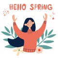 Happy young girl rejoices in spring. Hello spring concept in vector.