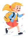 Happy young girl running with a backpack and smiling. Cartoon schoolgirl in uniform hurrying. Excited child on the move