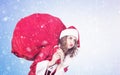 A happy young girl in a Santa Claus costume drags on her back a huge red bag with gifts, on a blue background with falling snow Royalty Free Stock Photo