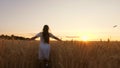 Happy young girl in slow motion runs across the field, touching the wheat ears with her hand. Beautiful free woman Royalty Free Stock Photo