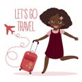 Happy young girl with suitcase. Lets go travel