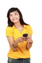 Happy young girl text message