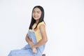 Happy young girl waitting vaccination on white background Royalty Free Stock Photo