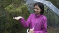 Happy young girl wear raincoat with umbrella in rain Royalty Free Stock Photo