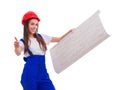 A girl worker in uniform and hard hat, holding a piece of wallpaper, and showing a thumbs-up. Isolated. Royalty Free Stock Photo