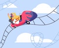 Happy young guys riding roller coaster, flat cartoon vector illustration. Royalty Free Stock Photo