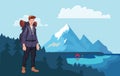 Happy hiker man in the mountains. The boat on the water, campfire next to the tourist tent on the shore. Vector Royalty Free Stock Photo
