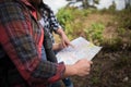 Happy Young  hiking standing relax and View map Royalty Free Stock Photo