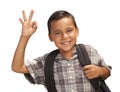 Happy Young Hispanic Boy Ready for School on White Royalty Free Stock Photo