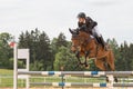 Happy young horsewoman is jumping over the hurdle