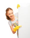 happy young housewife in glove with white empty billboard isolated Royalty Free Stock Photo