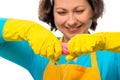 Happy young housewife squeezes hands rag Royalty Free Stock Photo