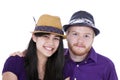 Happy young interracial couple in purple shirts