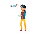 happy young lady control drone in park cartoon vector