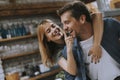 Happy young lovely couple in the kitchen hugging each other Royalty Free Stock Photo