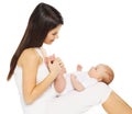 Happy young loving mother holding baby on a white Royalty Free Stock Photo
