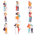 Happy Young Male and Female Embracing Each Other Set, People Celebrating Event, Couples in Love, Best Friends Vector