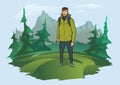 Man with backpack on the background of the mountain landscape. Mountain tourism, hiking, active outdoor recreation