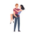 Happy Young Man Carrying his Beautiful Girlfriend, Romantic Loving Couple Cartoon Style Vector Illustration