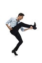 Happy young man dancing in casual clothes or suit, remaking legendary moves of celebrity from culture history