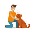 Happy young man with dog. Pet, pooch, doggie concept. Cartoon vector illustration