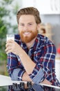 happy young man drinking milk Royalty Free Stock Photo