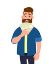 Happy young man holding cash/money/banknotes. Financial money concept. Human emotion and body language concept illustration.