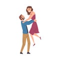 Happy Young Man Holding his Beautiful Girlfriend By Waist Raising her Up, Romantic Loving Couple Cartoon Style Vector