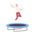 Happy Young Man Jumpig on Garden Trampoline, Fun and Leisure, Active Healthy Lifestyle Flat Style Vector Illustration Royalty Free Stock Photo