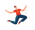 Happy young man jumping with joy in casual clothes. Enthusiastic male character celebrating success expression of