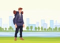 Happy man on the morning walk in the city Park. A tourist with backpack. Vector Illustration.