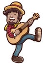 Happy young man playing acoustic guitar and dance walking