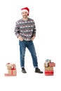 Man with stacks of christmas gifts Royalty Free Stock Photo