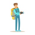 Happy young man standing with backpack and holding flashlight. Colorful cartoon character vector Illustration Royalty Free Stock Photo