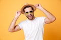 Happy young man standing isolated over yellow background Royalty Free Stock Photo