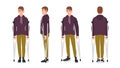 Happy young man standing or walking with crutches. Cute guy with limited mobility. Joyful male cartoon character with