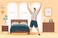 A happy young man stretches in his bedroom after waking up. He is smiling and excited to start his day, doing morning gymnastics